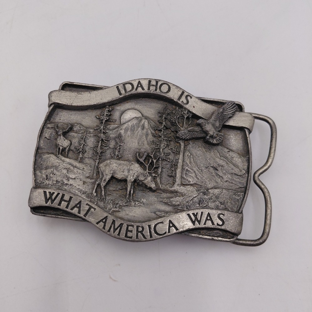 Vtg 80s Bergamot Brass Works Idaho Is What America Was Belt Buckle Elk Eagle